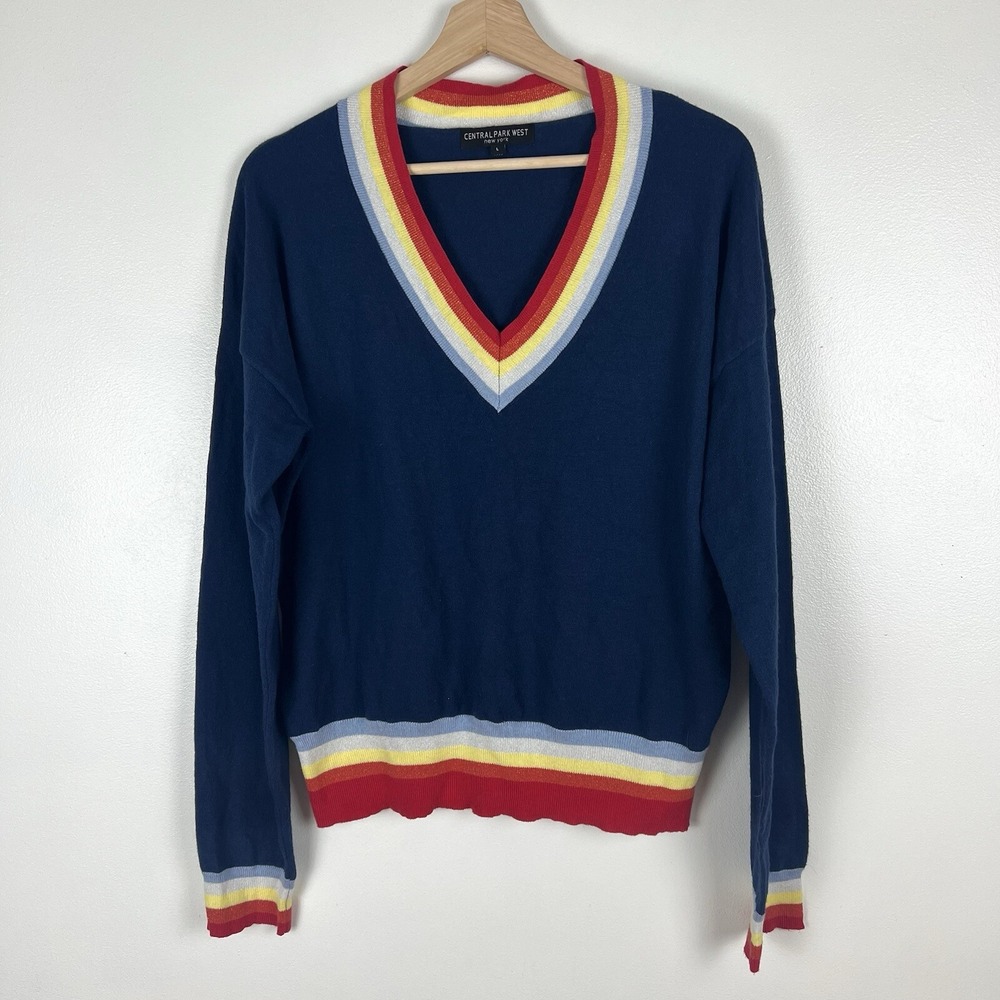 Central Park West Navy Rainbow Striped V-Neck Sweater Women L Collegiate Preppy